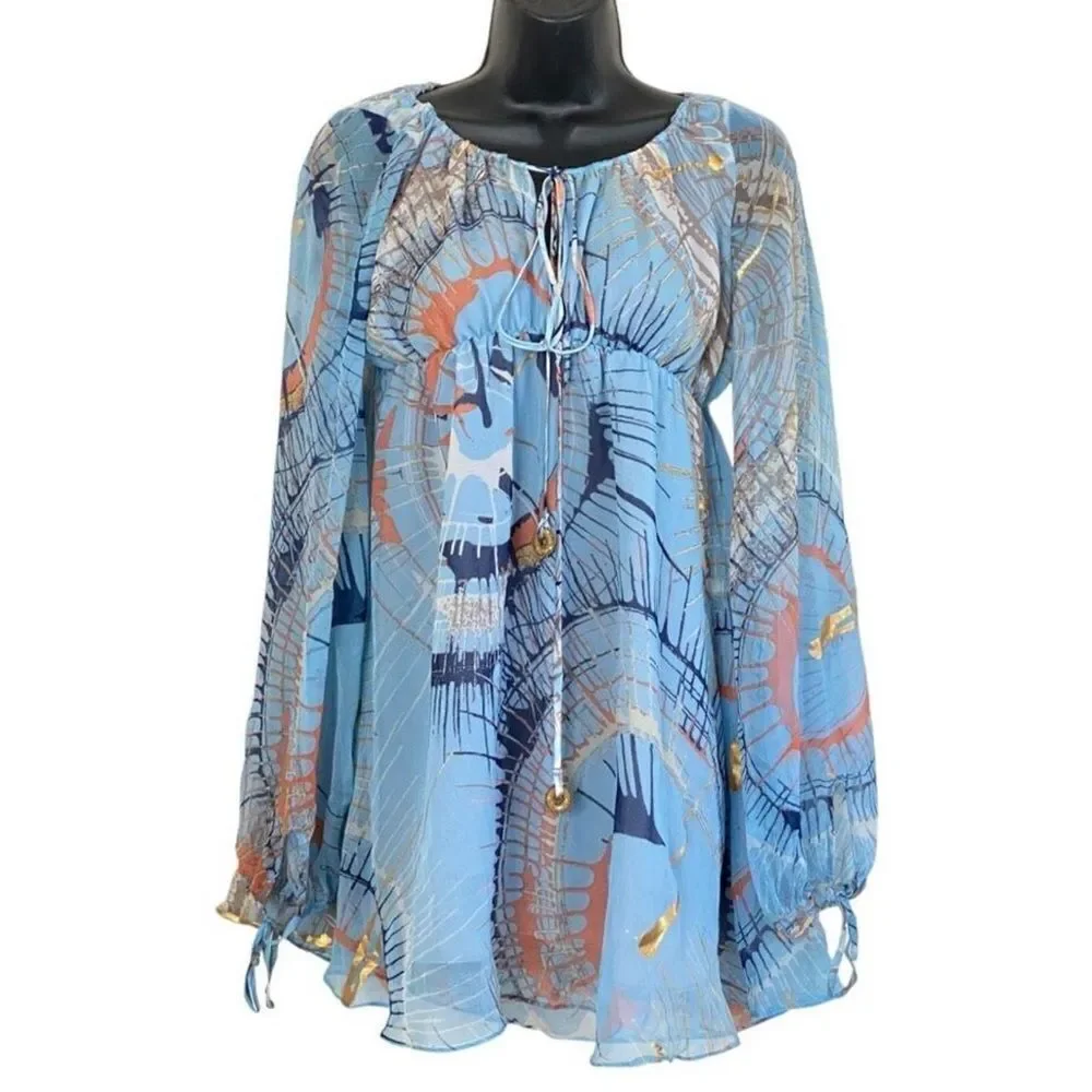Vintage La Rox Blue Silk Metallic Long Sleeve Babydoll Evening Mini Dress Size L